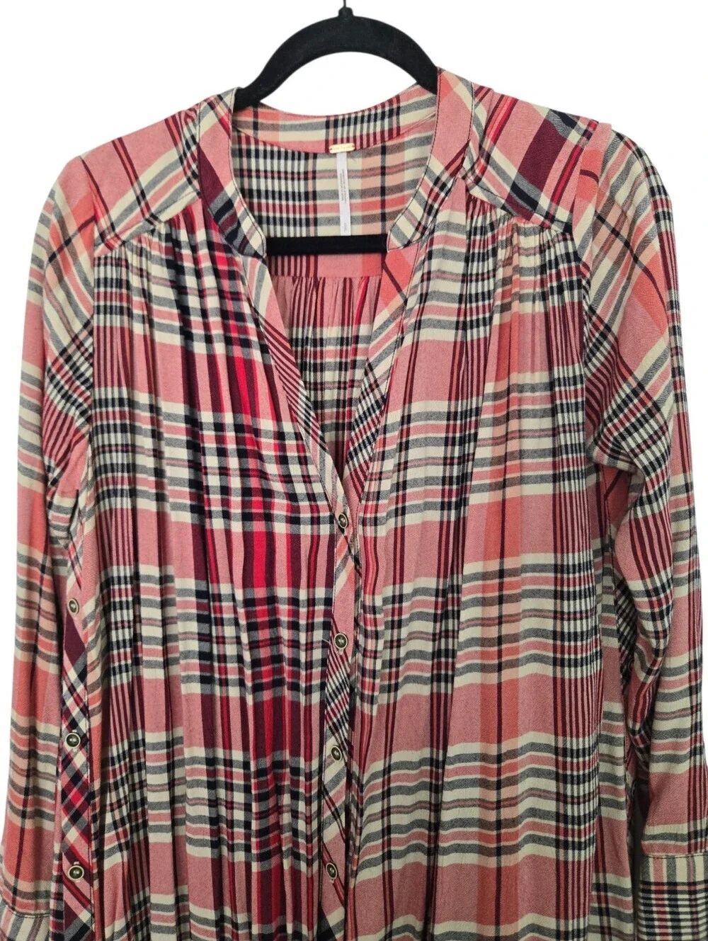 Free People Plaid Midi Shirt Dress | Boho Pink Plaid Button Front Dress | Size S